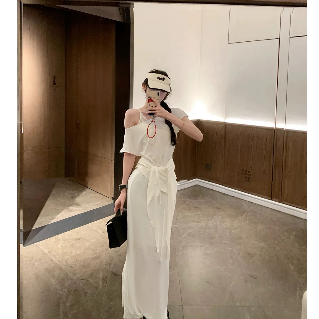 【气质舒服系】纯欲辣妹舒适亚麻套装T恤+半身裙+披肩三件套装夏季