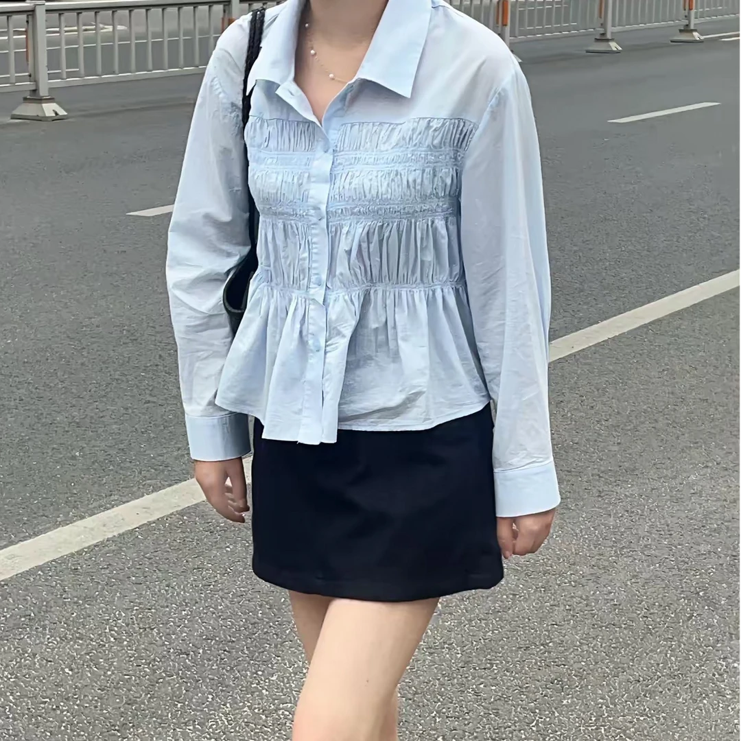 【原歌】秋季新款全棉小清新百搭压褶翻领衬衣女YG656