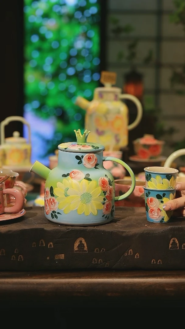 陶瓷一壶俩杯景德镇高温手绘釉下彩设计师款式