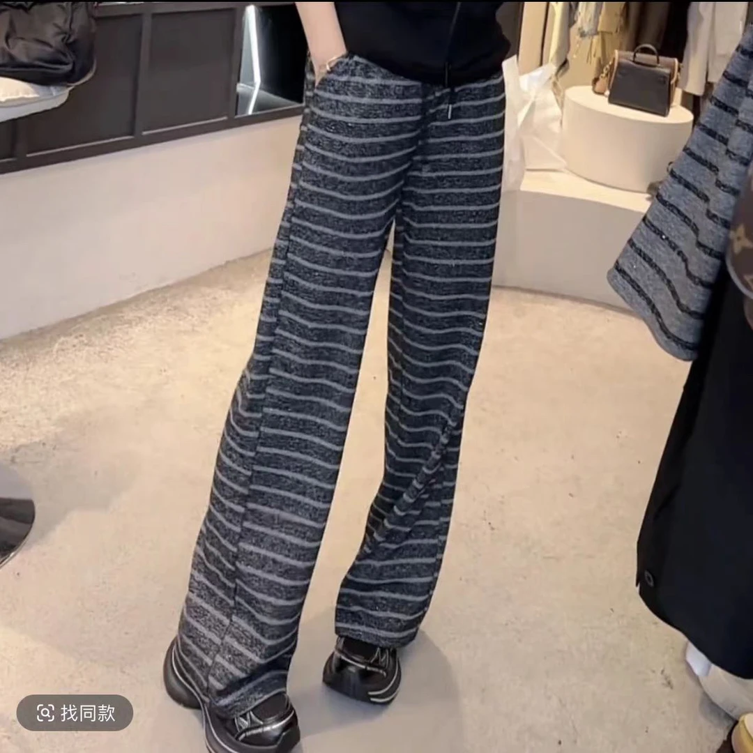 韩系撞色条纹阔腿裤子女新款2025春季梨型身材显瘦直筒裤休闲长裤