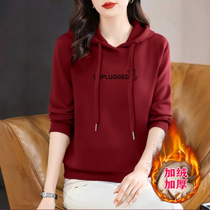时尚加绒加厚连帽卫衣女士秋冬新款洋气休闲百搭宽松显瘦长袖上衣
