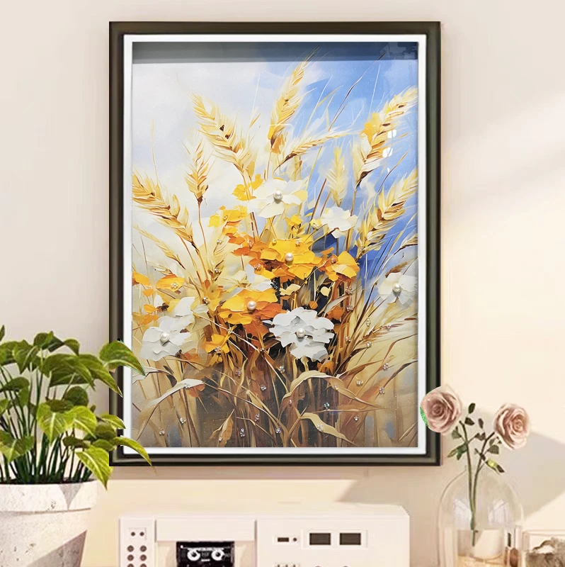 Q168麦穗时尚餐厅客厅轻奢挂画钢化玻璃装裱实物鎏金画装饰画