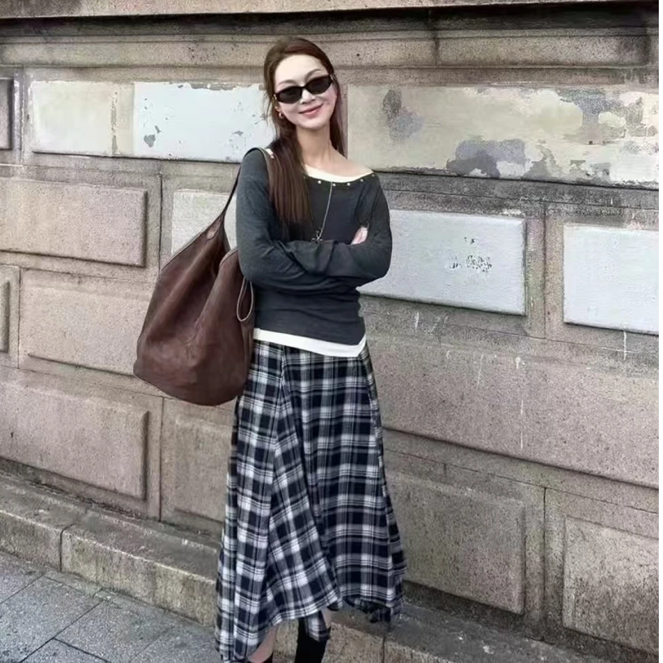 设计感不规则上衣+呢料格子半裙套装裙秋季