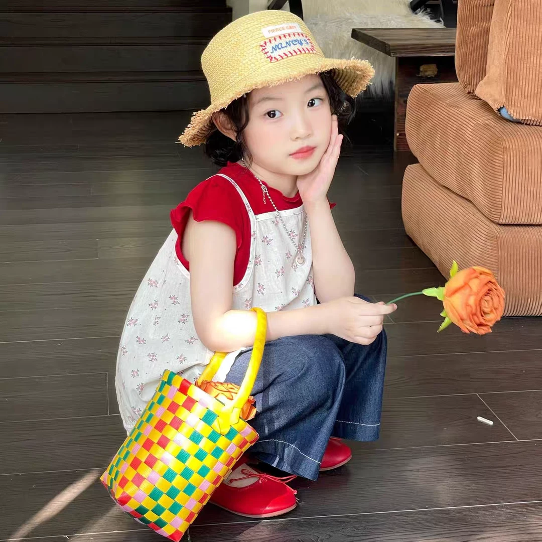 女童套装夏儿童碎花蕾丝吊带罩衫短T恤女孩阔腿牛仔裤洋气LZX7079