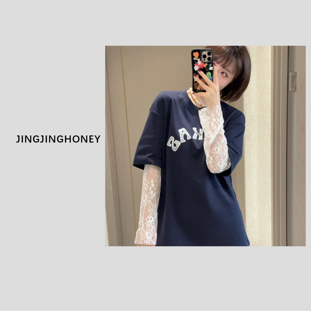 静静哈尼 【蕾丝假两件T恤】春季新款时尚字母假两件长袖T恤T82501