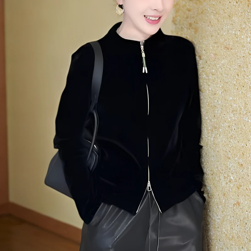 韩系复古立领双拉链女士短外套新款丝绒黑色高级感修身上衣女2633