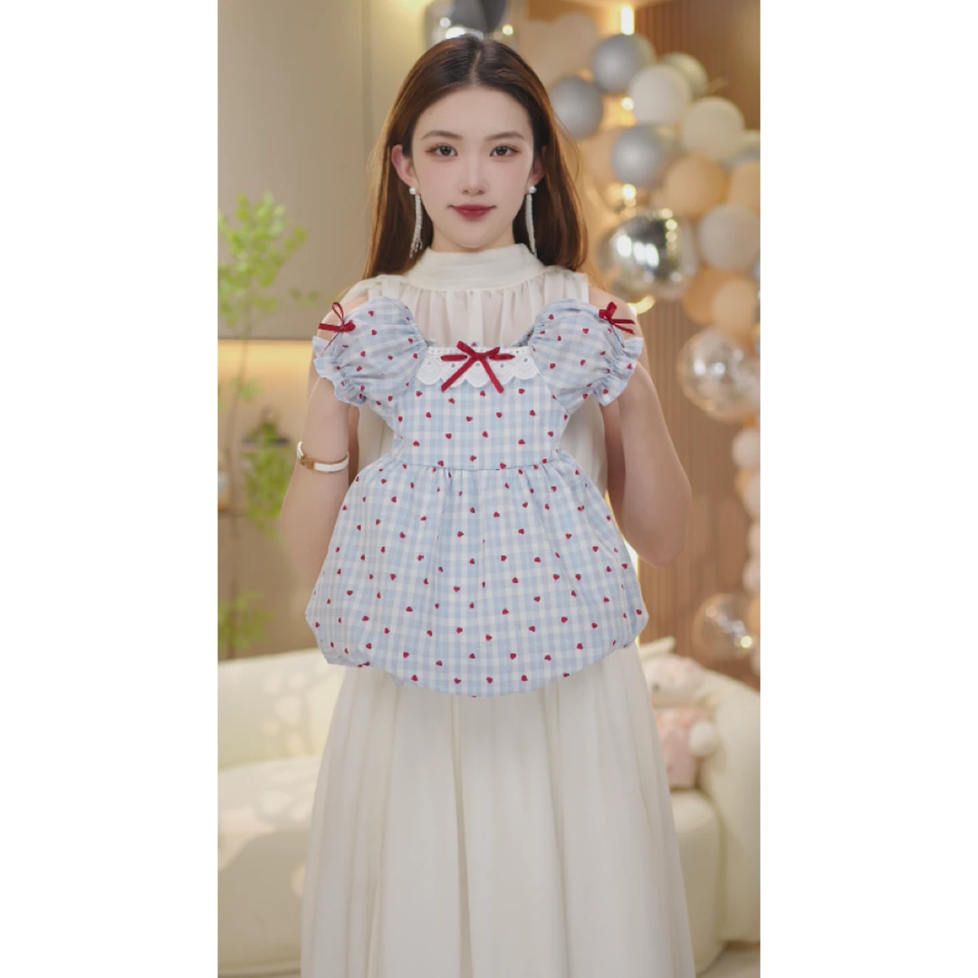 2025新款女童法式蓝色格子爱心短袖花苞裙幼儿园小朋友洋气款6562