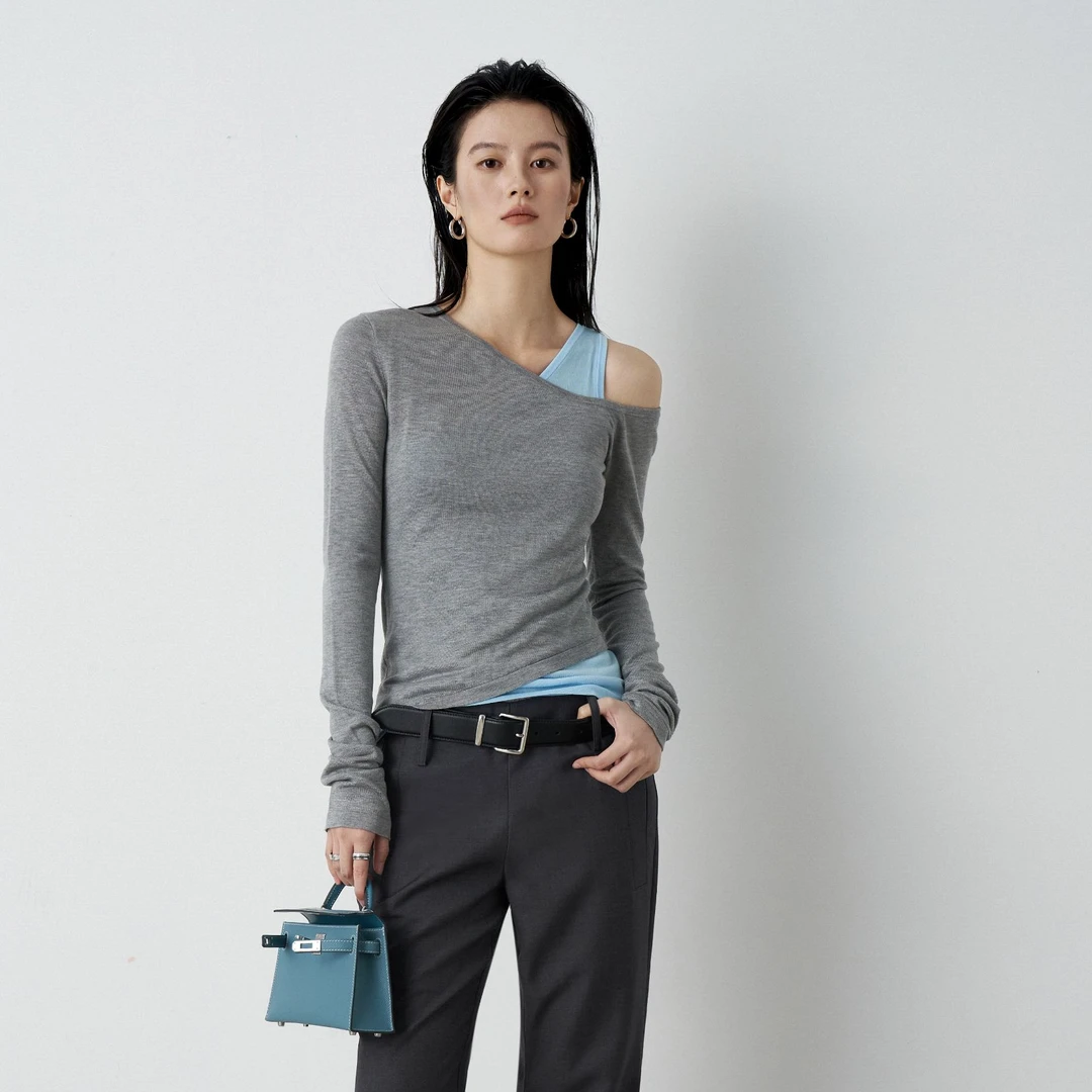 Moprobably李予诺「浅春」"100%莱赛尔"辣妹露肩长袖T恤L5176052