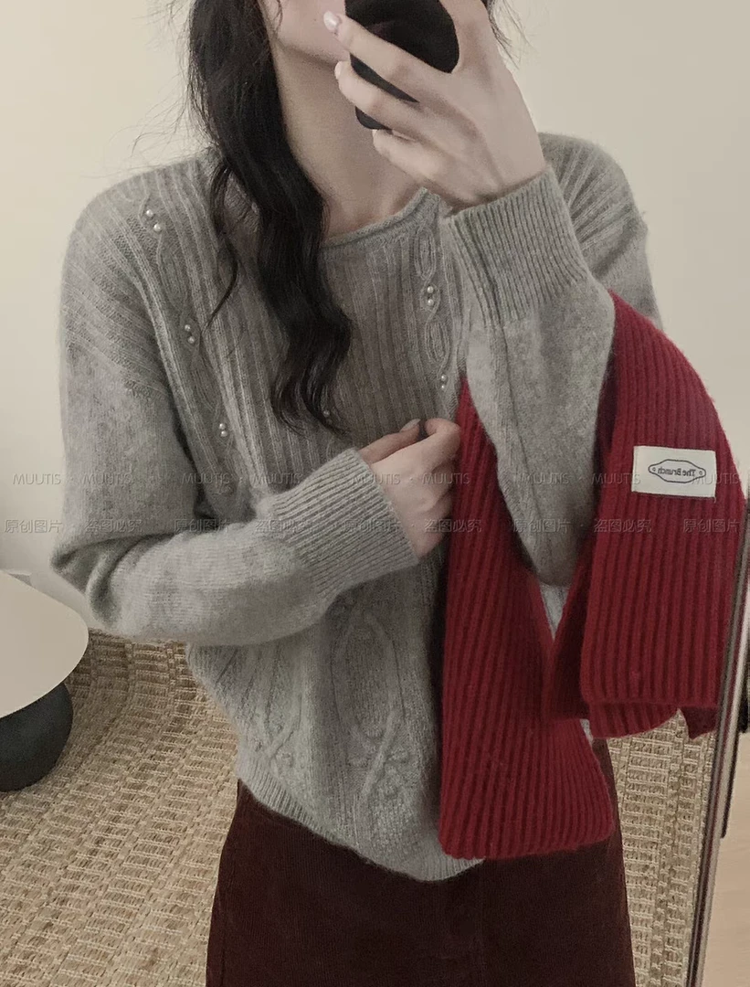 ANYUMO/安妤茉21122冬钉珠麻花纯色针织套头毛衣保暖时尚百搭女