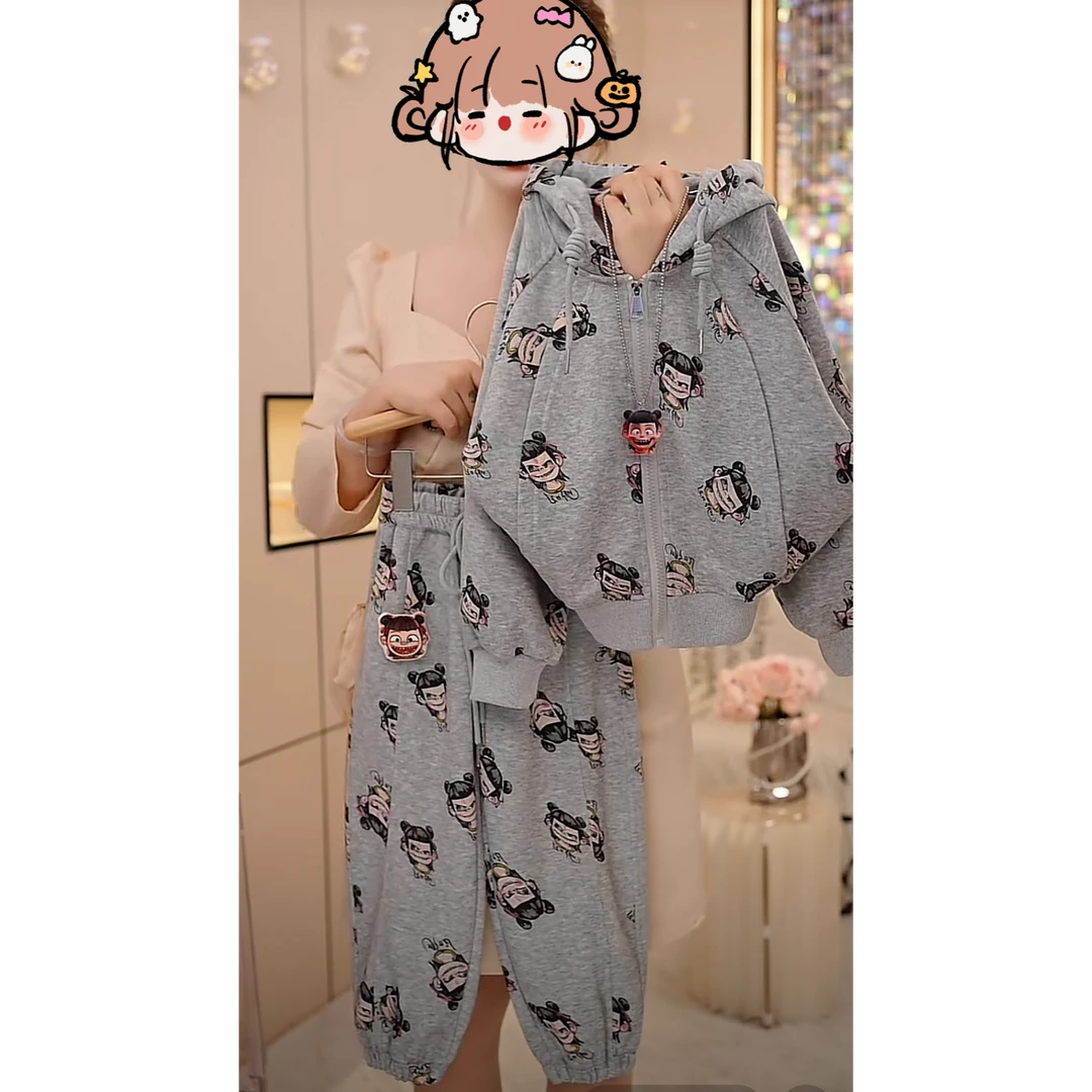 现货-女童2025春秋季新款儿童时尚休闲洋气连帽套装