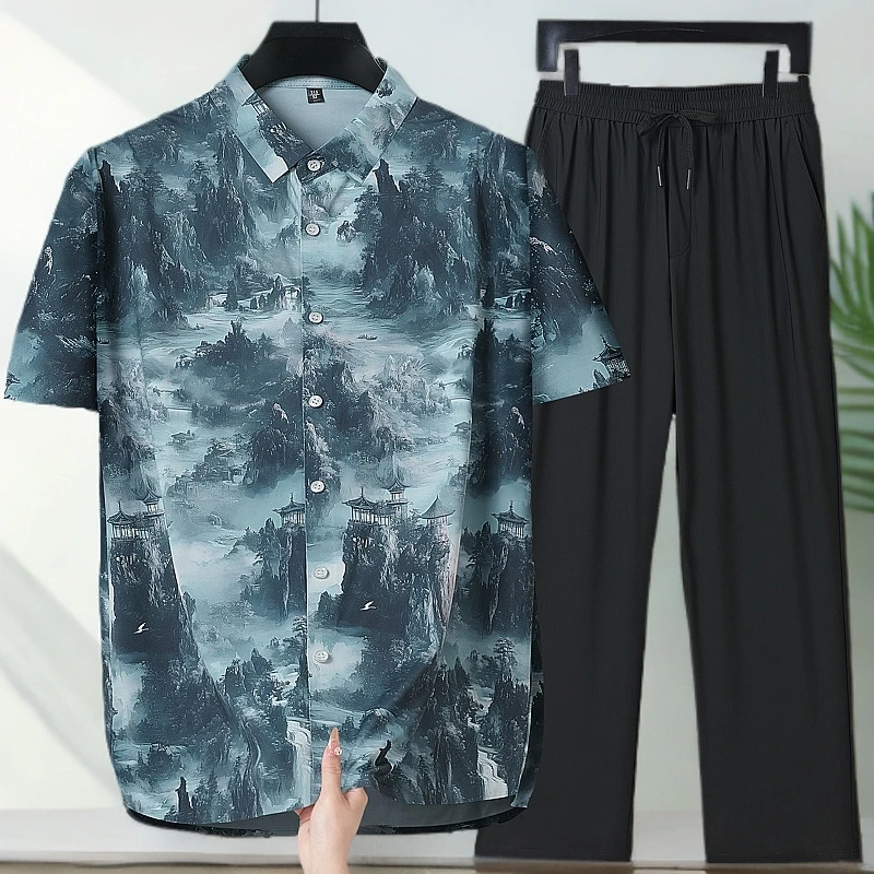 TUCANO/啄木鳥衬衫男夏季短袖套装简约复古时尚翻领休闲薄款衬衣