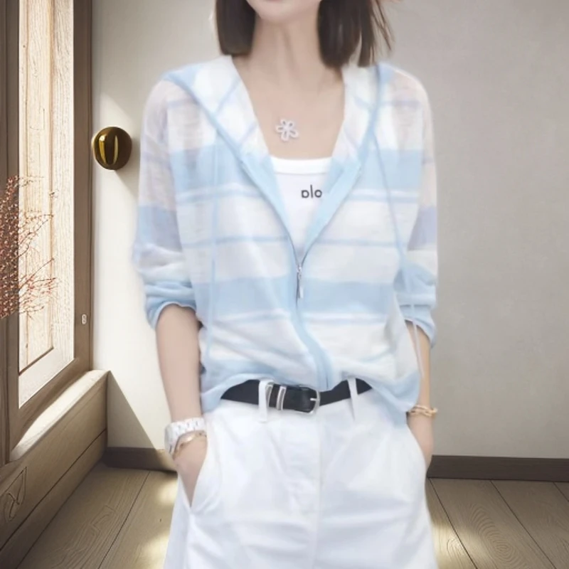 【现货现发】2025大码条纹设计感长袖上衣防晒女装禅意仙气飘飘百搭