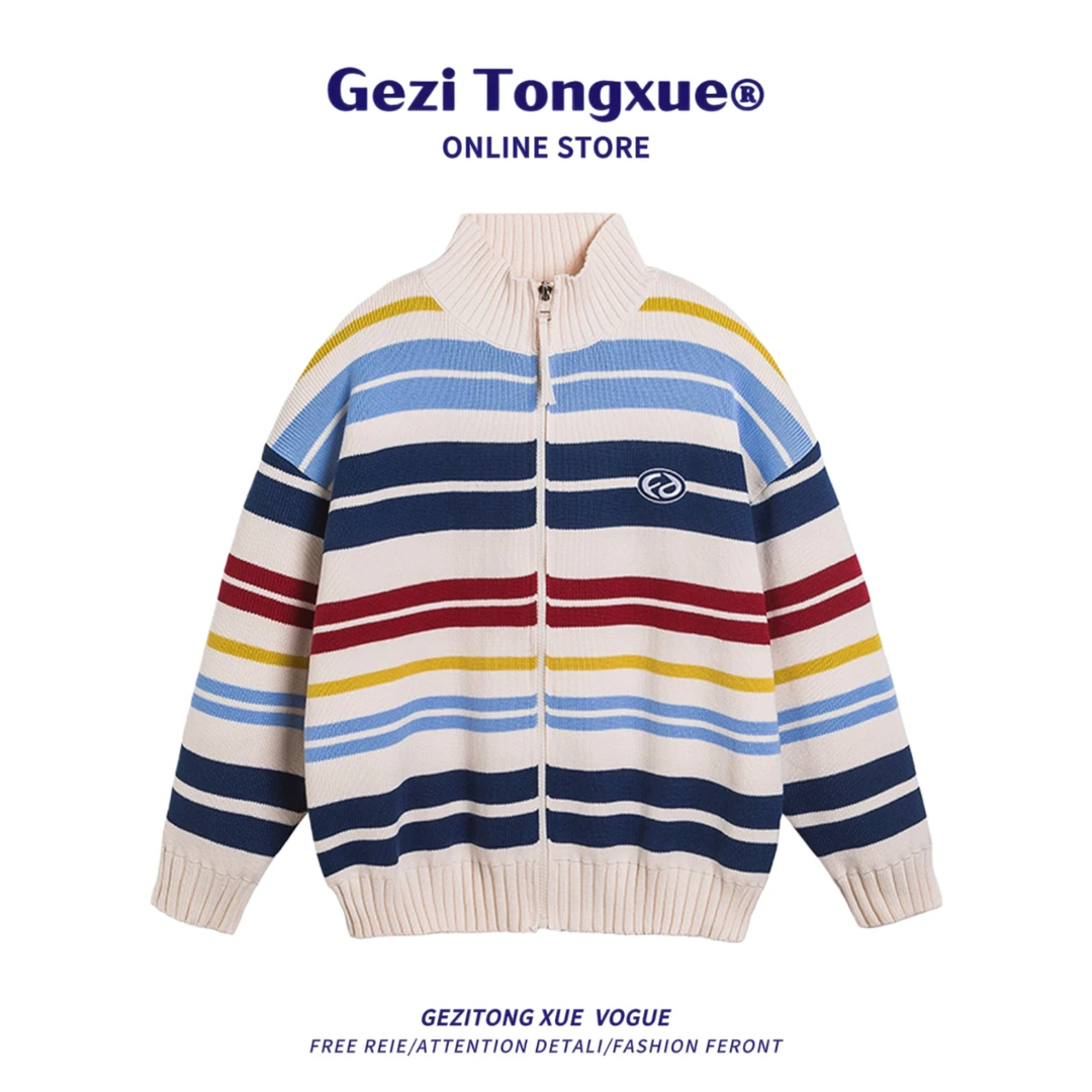 2025秋冬季新款男士复古潮牌宽松休闲开衫毛衣个性条纹小众男上衣