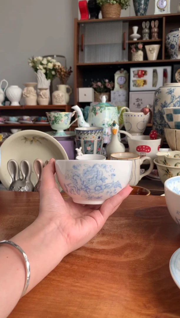 陶瓷蓝色牡丹花4.5寸饭碗一个