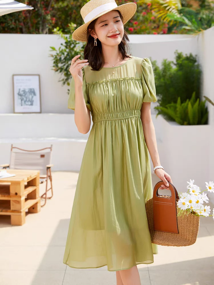 90%天丝10%聚酯纤维面料气质简约花边收腰休闲连衣裙