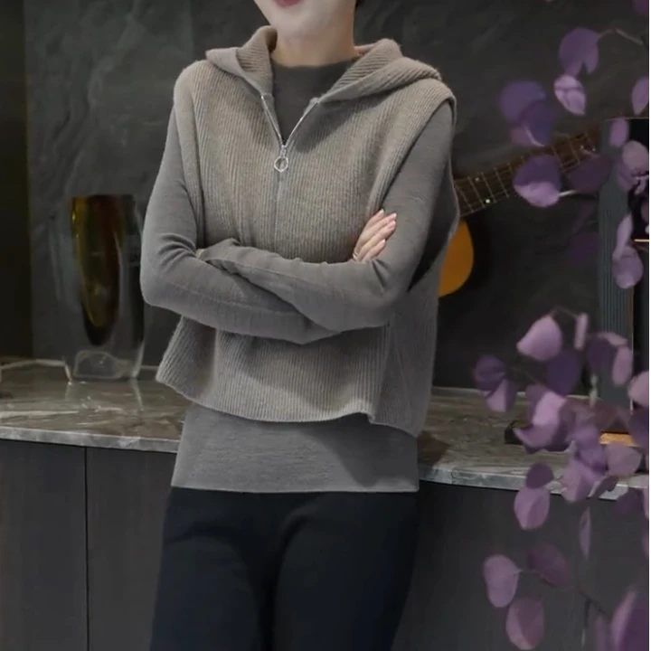 【两件套】秋冬款轻奢高级休闲遮肉连帽针织马甲+长袖打底衫女H026