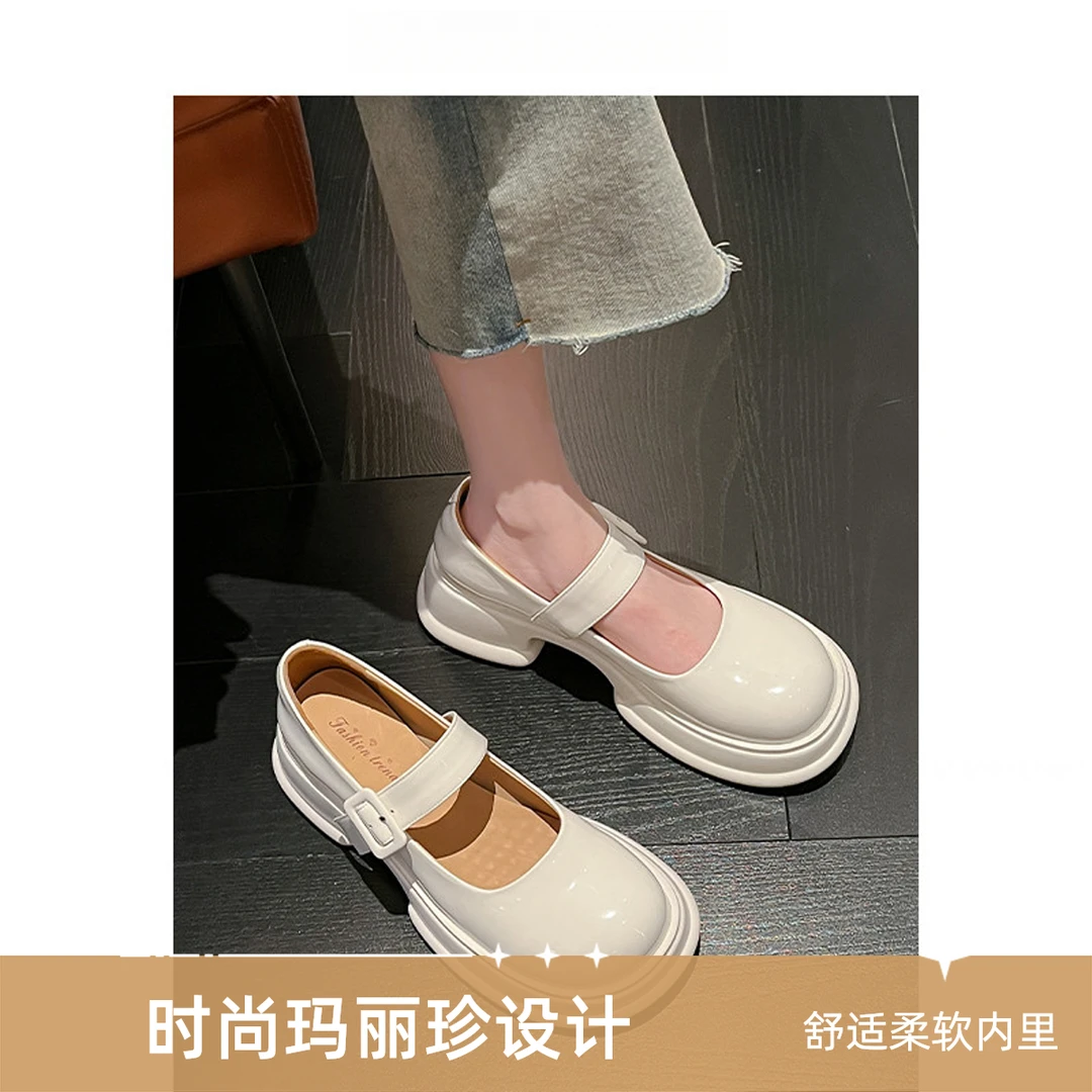 真皮白色漆皮配裙子厚底猪腰子鞋宽头小皮鞋鞋子女款爆款2025新款