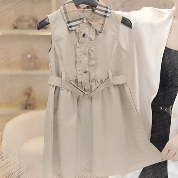 88362儿童女童夏季新款时尚轻奢洋气经典POLO领无袖腰带连衣裙