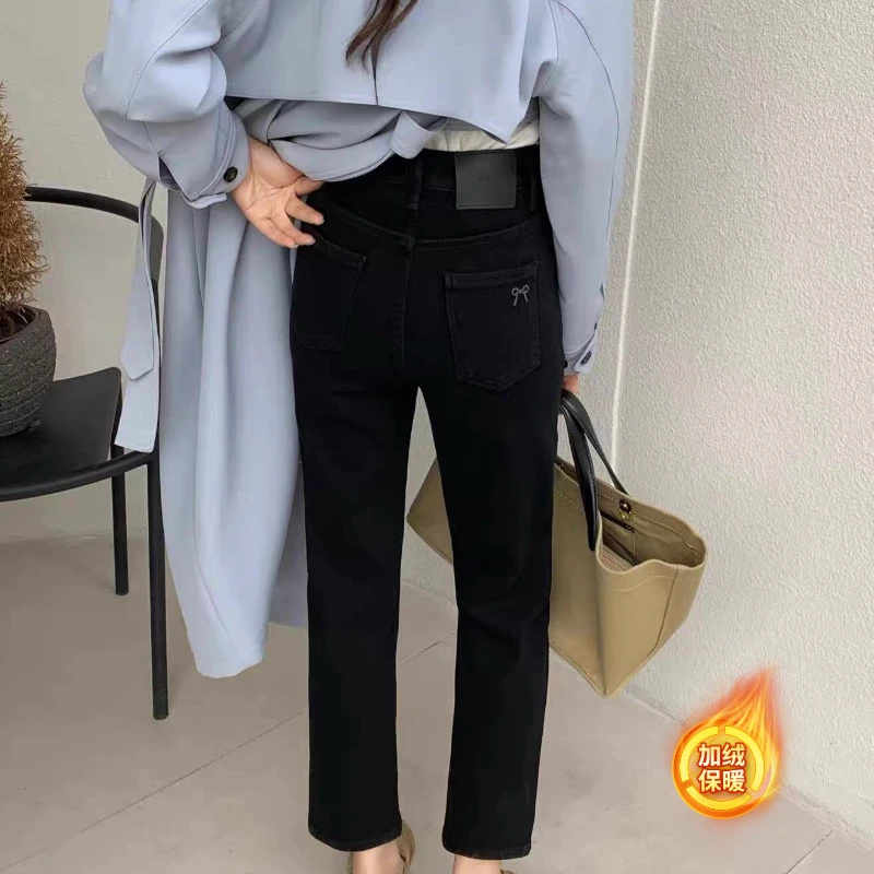 2025年秋冬烟管直筒黑色牛仔裤弹力加绒显瘦九分百搭休闲法棍裤