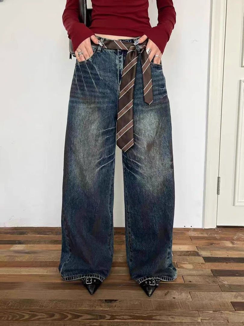 【济州岛】美式废土做旧高腰领带宽松阔腿牛仔裤2069