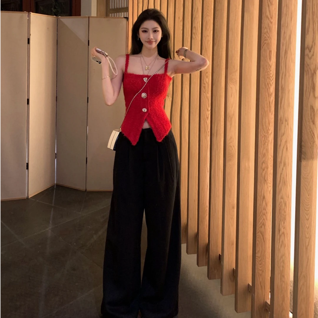 圣诞穿搭新年本命年套装女秋冬辣妹红色吊带上衣直筒阔腿裤一整套