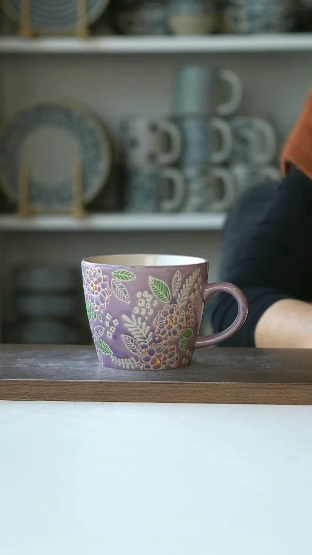 陶出法Langss手绘油画风紫色咖啡杯320ml@4-2@