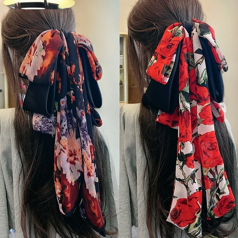 气质复古红玫瑰长飘带马尾夹精致春夏款仙气古风现代风新娘头饰