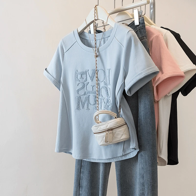 大码女装2025夏季新款设计感绣花显瘦胖mm纯色圆领短袖T恤上衣潮