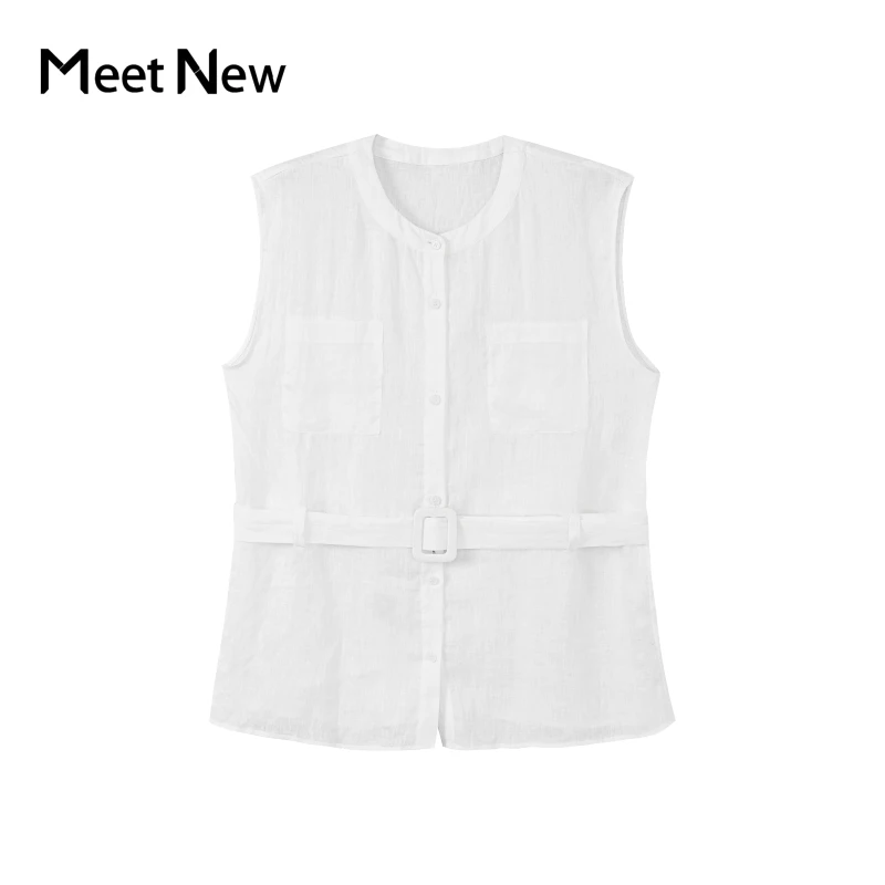 MeetNew无袖春季绣花翻领衬衫纯色排扣百搭女装1K211661X