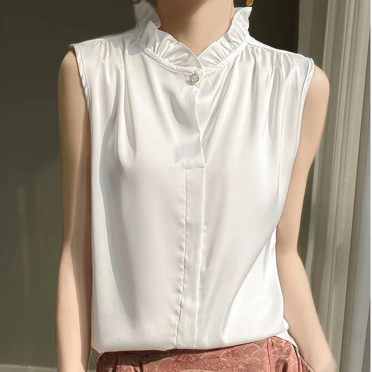缎面打底背心女夏季气质木耳边立领内搭宽松法式T恤无袖衬衫上衣