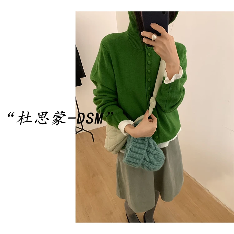 DSM-【绒扣温衫】韩国货！25冬韩系百搭宽松时尚连帽开衫毛衣W7012