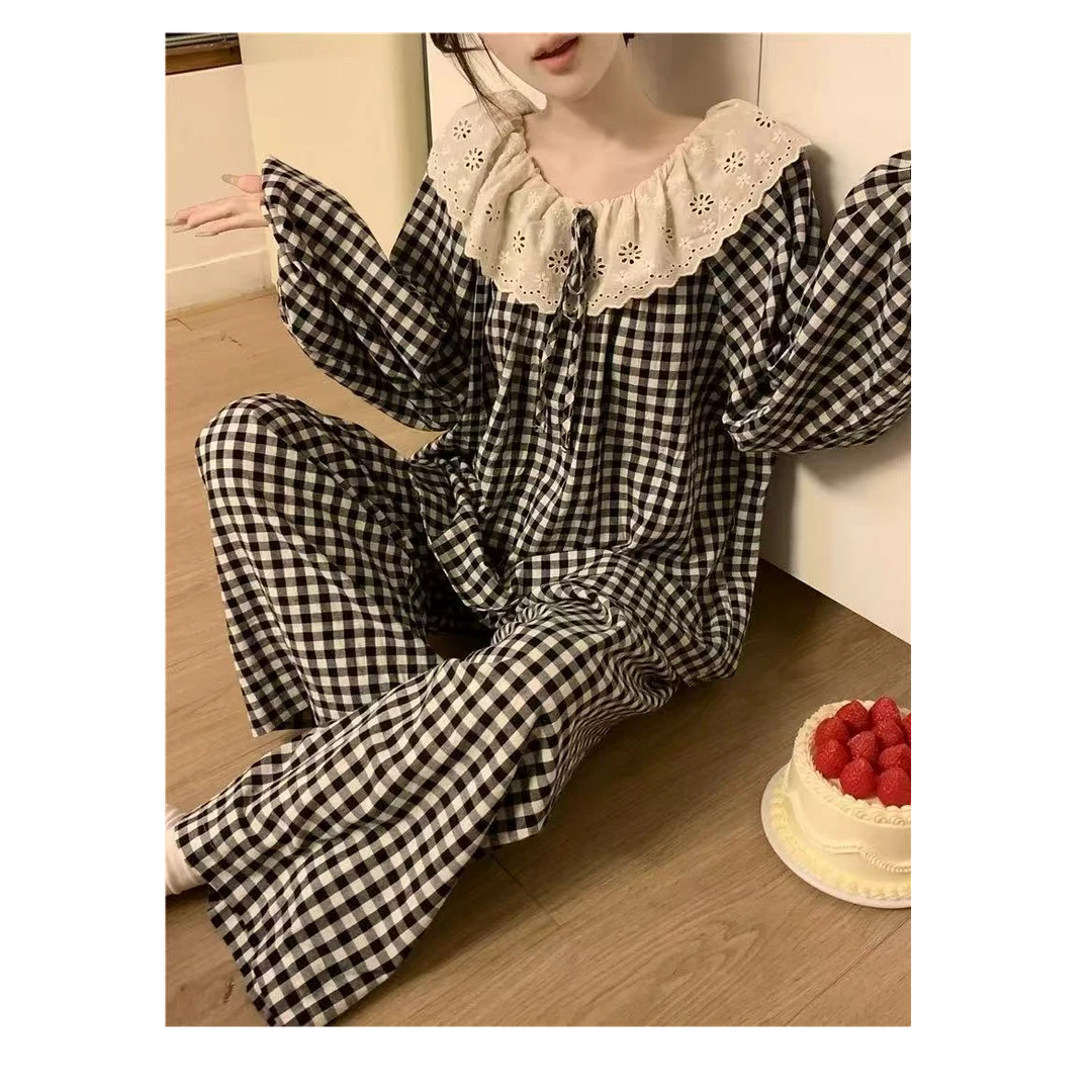 睡衣女春季长袖长裤韩版翻领甜美蕾丝花边纱布家居服两件套装秋夏