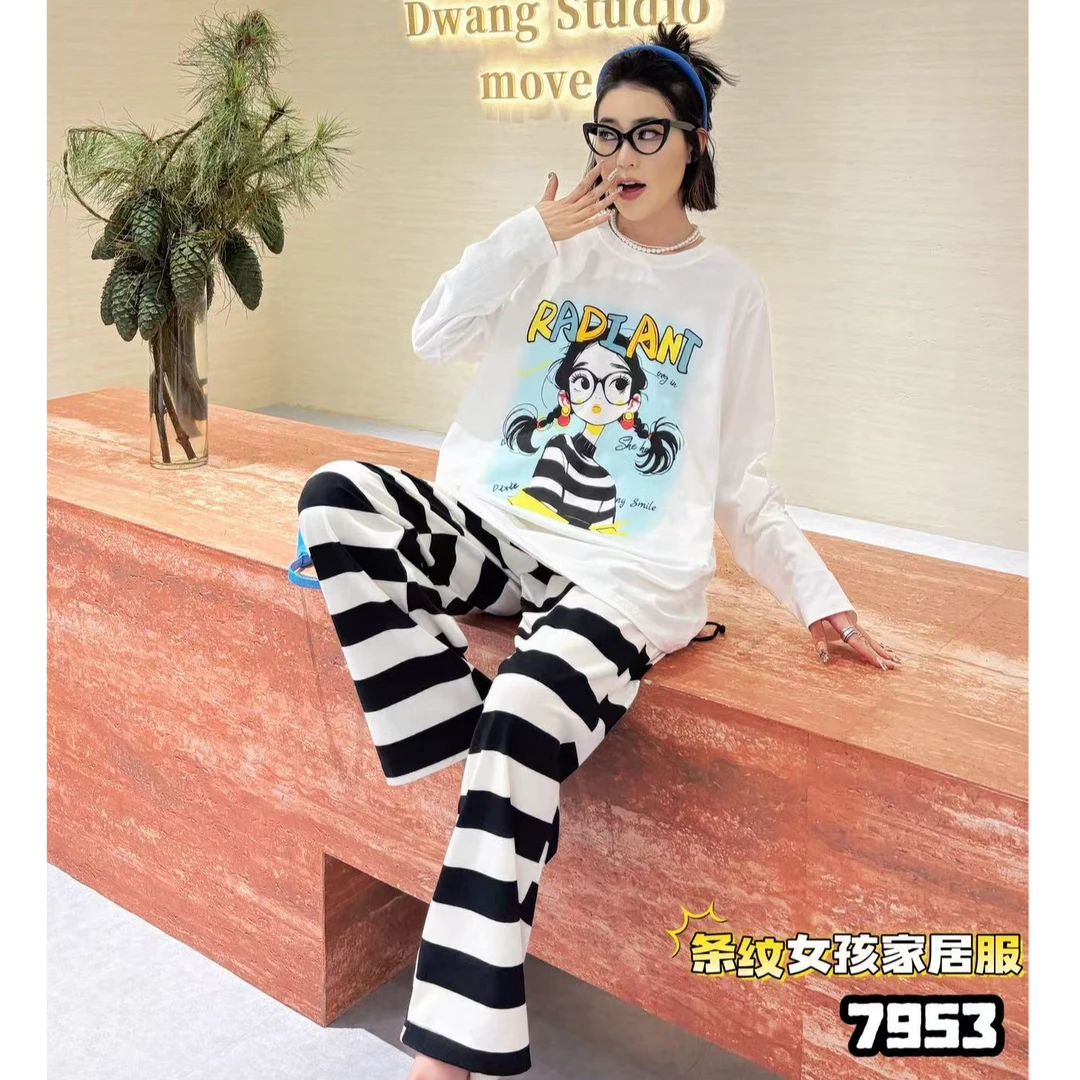 D7953韩版长袖+条纹长裤卡通可爱少女休闲家居服两件套装可出门