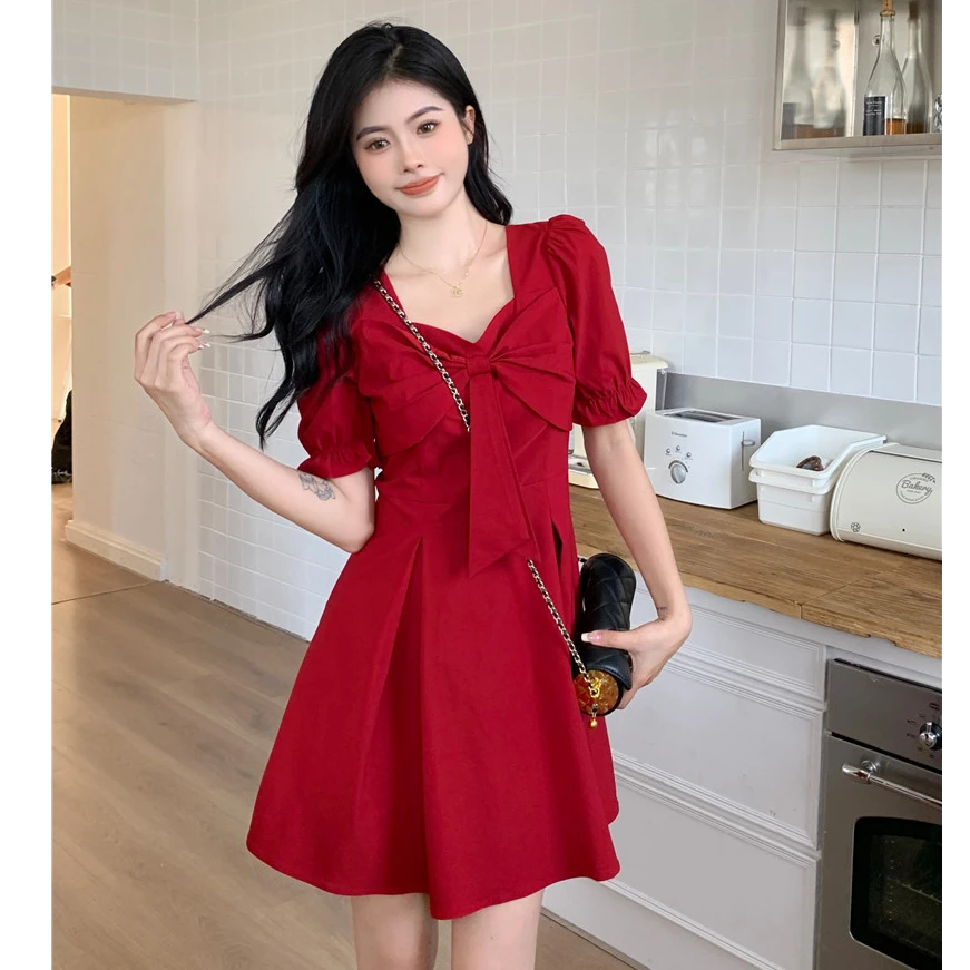 大码法式减龄蝴蝶结短袖连衣裙女夏季设计感收腰显瘦A字红色短裙