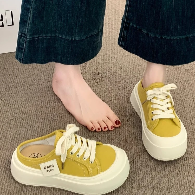 Moleubak包头半拖鞋女夏2025新款厚底一脚蹬女鞋懒人无后跟帆布鞋