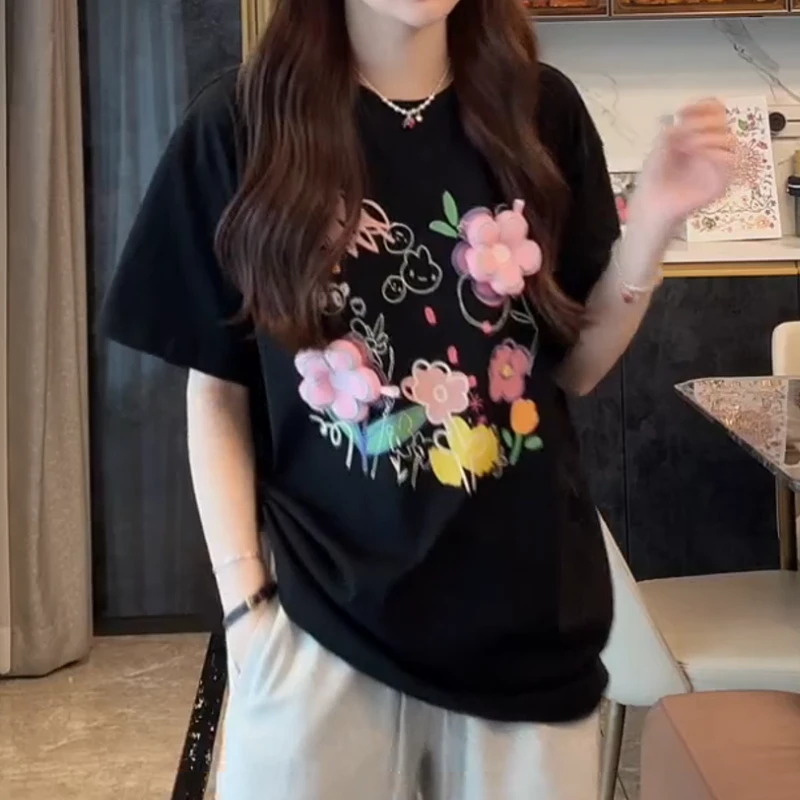 2025新款百搭夏季修身重工立体花朵休闲短袖T恤LK2503393