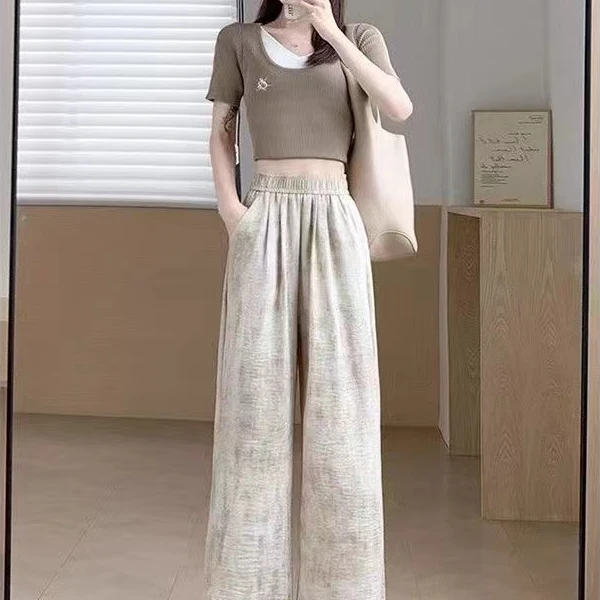 冰丝休闲裤扎染山本裤女脏脏裤宽松显瘦阔腿裤松紧腰垂感直筒裤子