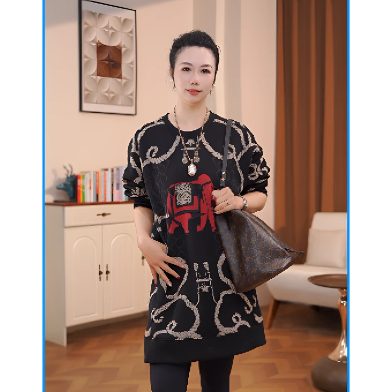 圆领宽松时尚重工中长款休闲秋冬减龄卫衣百搭上衣女黑色