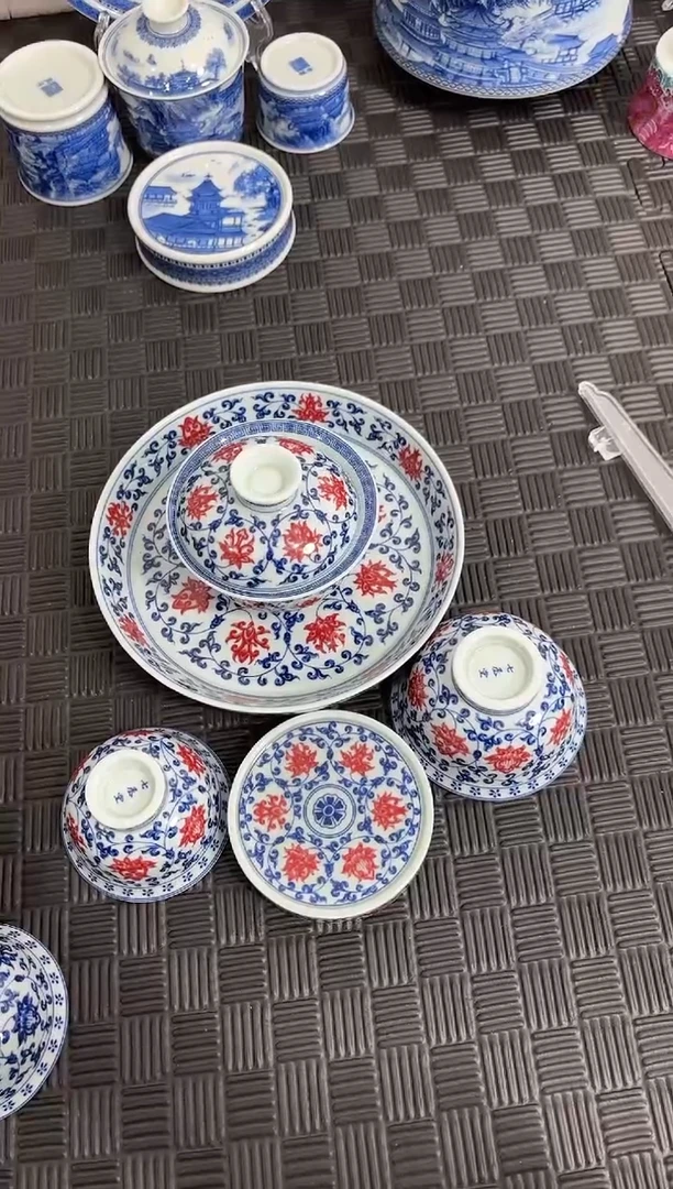 盖碗瓷桃*花景德镇陶瓷茶具永乐青花釉里红缠枝莲套组