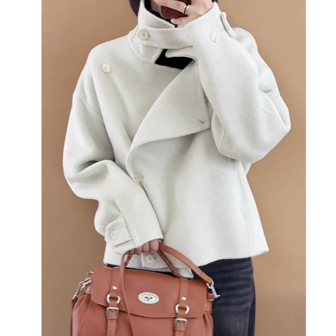 【二姐精选】秋冬可翻领可立领百搭白色羊毛羊绒大衣#11044