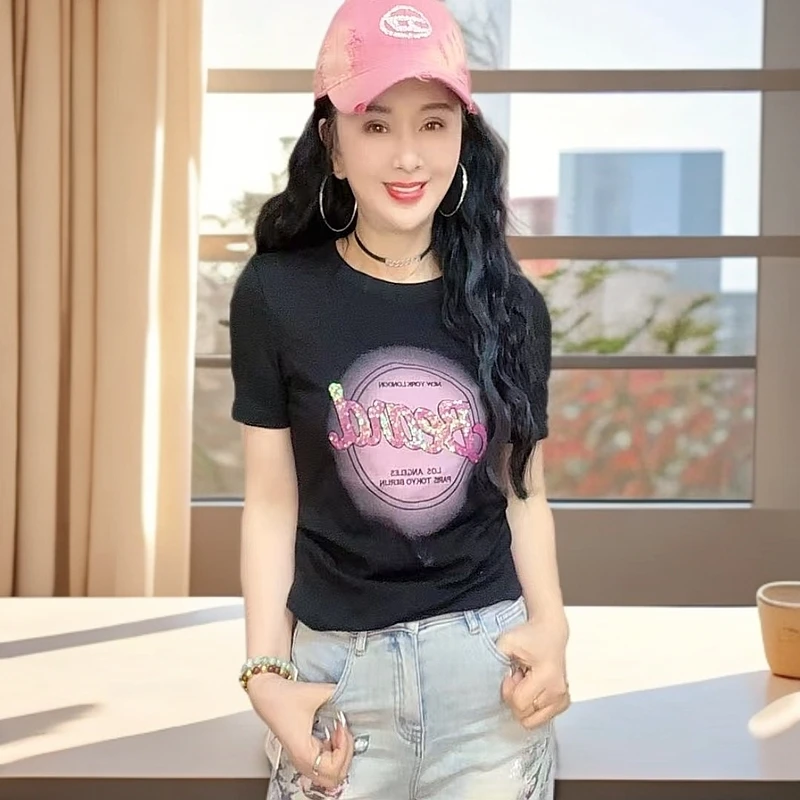 2025夏款圆领短袖T恤显瘦百搭上衣6075