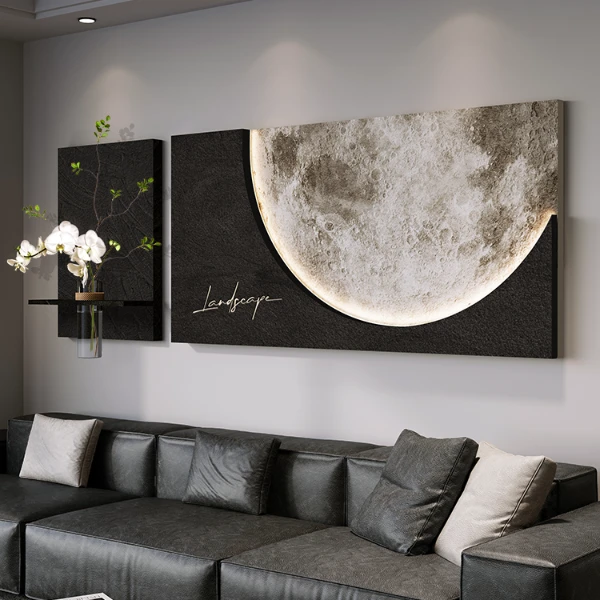 月球客厅装饰画现代轻奢高级感沙发背景墙挂画立体砂岩肌理画壁灯