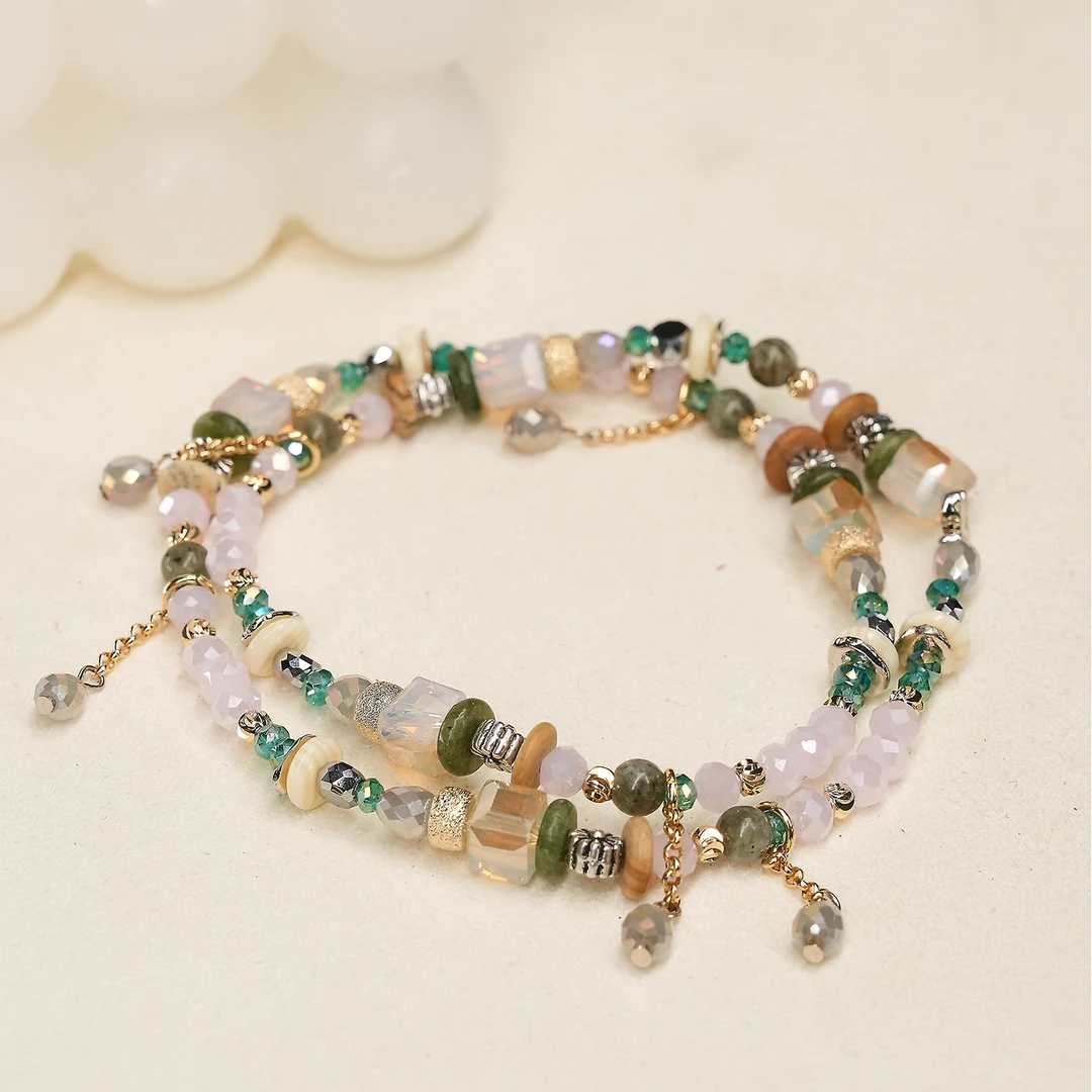 铜合金手链 优雅时尚混色串珠手链女双层叠戴设计感民族风手串