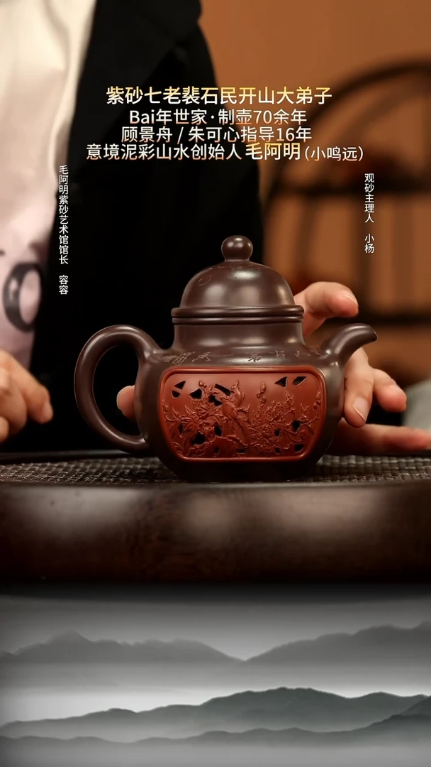 茶壶紫砂17 景舟紫泥镂空雕花寿珍掇球280c