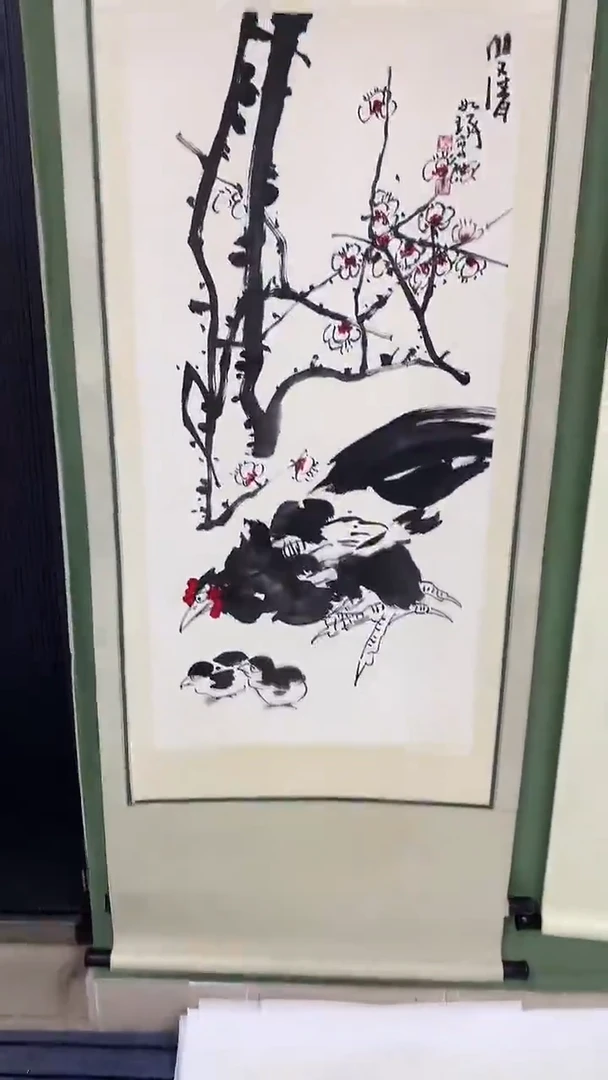 竖款精品三尺花鸟卷轴，双清