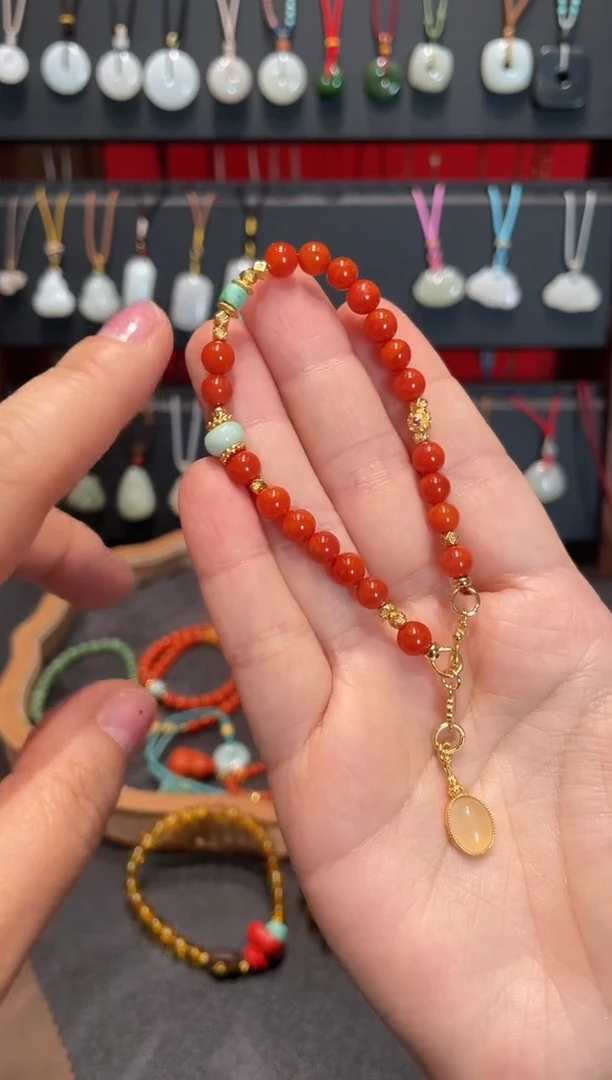 颈饰银S925镀金镶嵌南红玛瑙手链