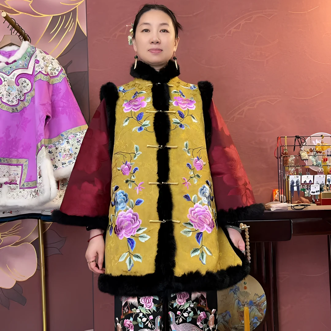 冬季加棉保暖民族风提花铜扣盘扣中式开衫棉马甲女中长款马夹冬款