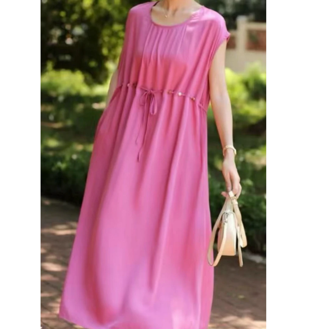 绵绸圆领收腰连衣裙2588