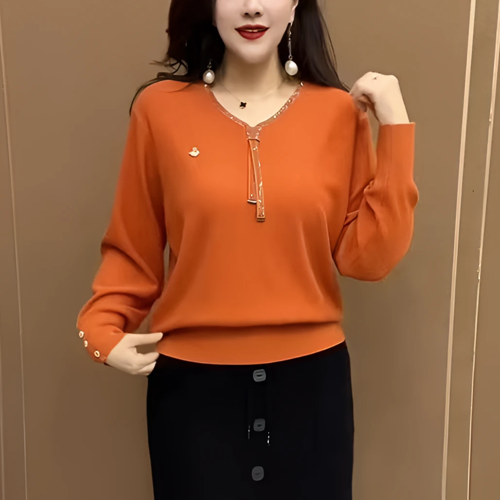 2025春季保暖大码宽松打底衫百搭镶钻针织衫气质减龄中老年妈妈装