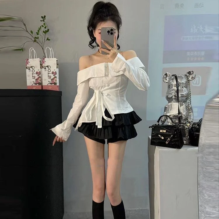 法式纯欲风一字肩收腰绑带衬衫百褶蛋糕裙两件套